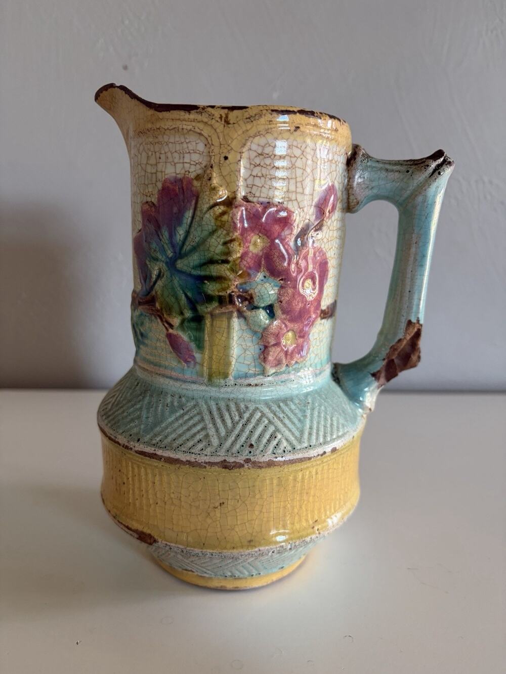 ANTIQUE ENGLISH MAJOLICA 7" Tall Pitcher Flowers
